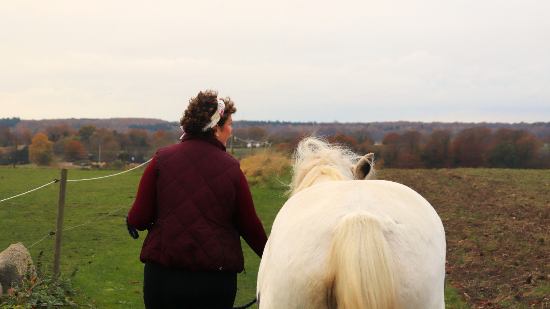 Hestemassør Line Holm-Bode fra EASE Equine Bodywork går tur med tinkeren Raffe.